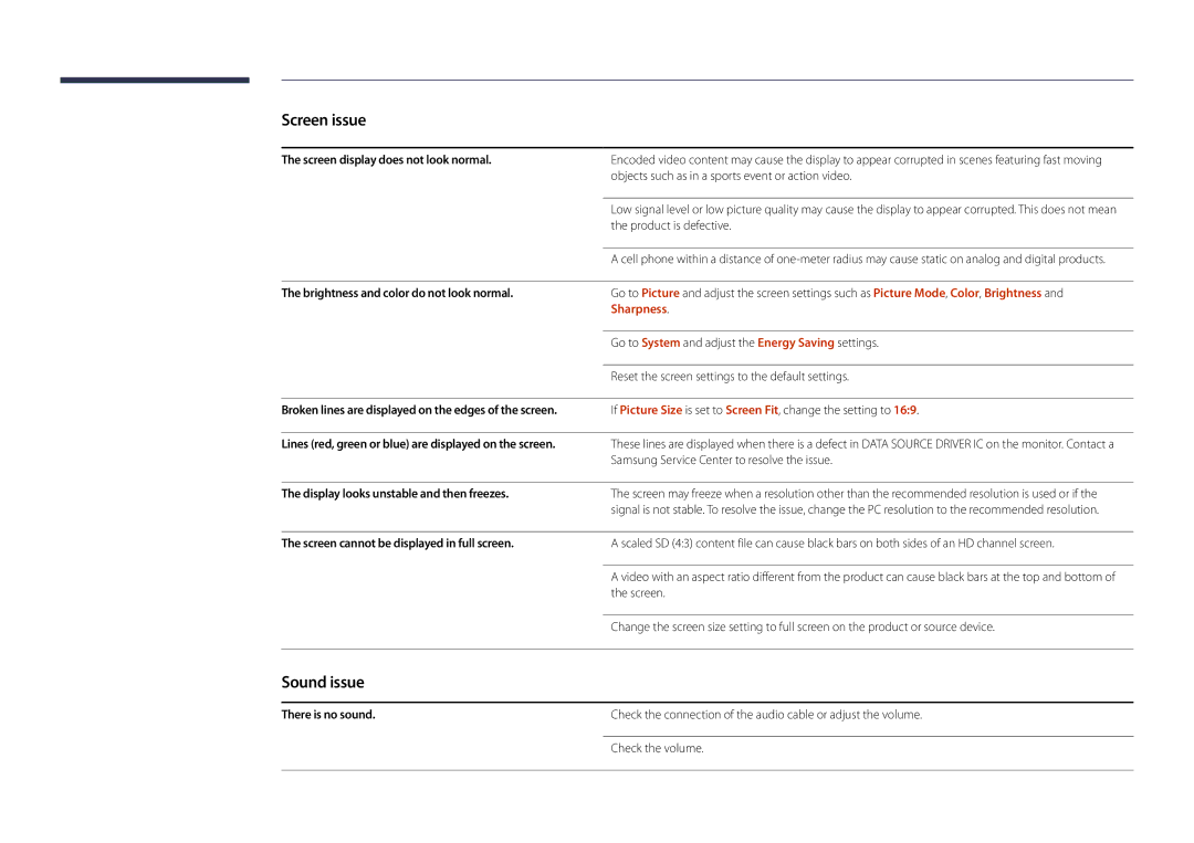 Samsung DM48D, DM55D, DM40D, DM32D user manual Sound issue, Sharpness 