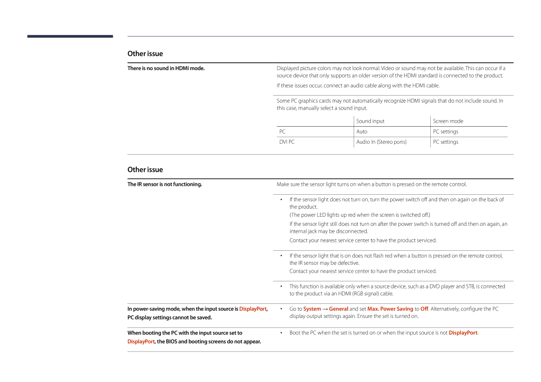 Samsung DM48D, DM55D There is no sound in Hdmi mode, IR sensor is not functioning, PC display settings cannot be saved 