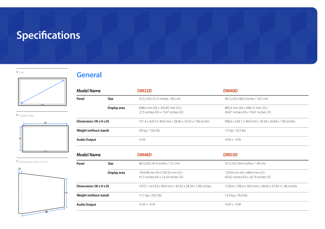 Samsung DM32D, DM48D, DM55D, DM40D user manual Specifications 