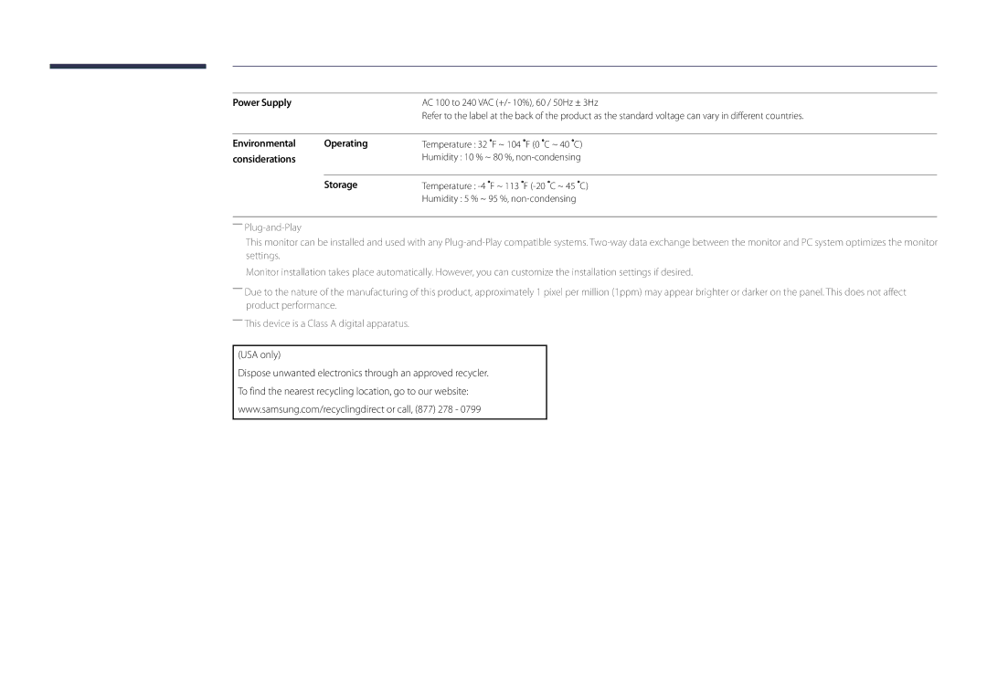 Samsung DM48D, DM55D, DM40D, DM32D user manual Power Supply, Environmental Operating, Considerations, Storage, USA only 