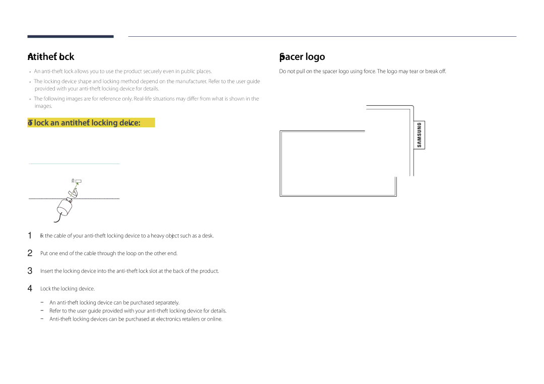 Samsung DM32D, DM48D, DM55D, DM40D user manual Anti-theft Lock, To lock an anti-theft locking device 