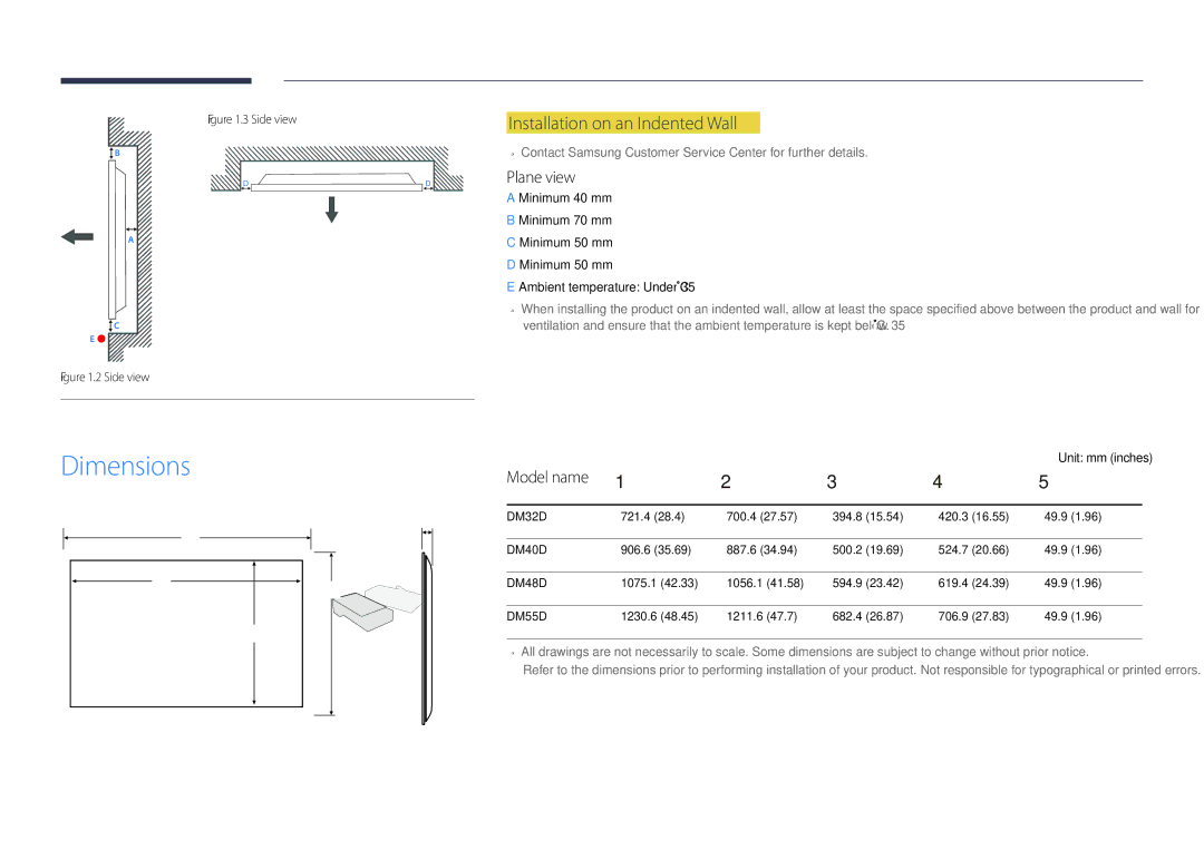 Samsung DM48D, DM55D, DM40D, DM32D Dimensions, Installation on an Indented Wall, Plane view, Model name, Unit mm inches 