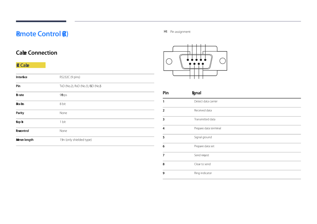 Samsung DM48D, DM55D, DM40D, DM32D Remote Control RS232C, Cable Connection, RS232C Cable, Pin Signal, Pin assignment 