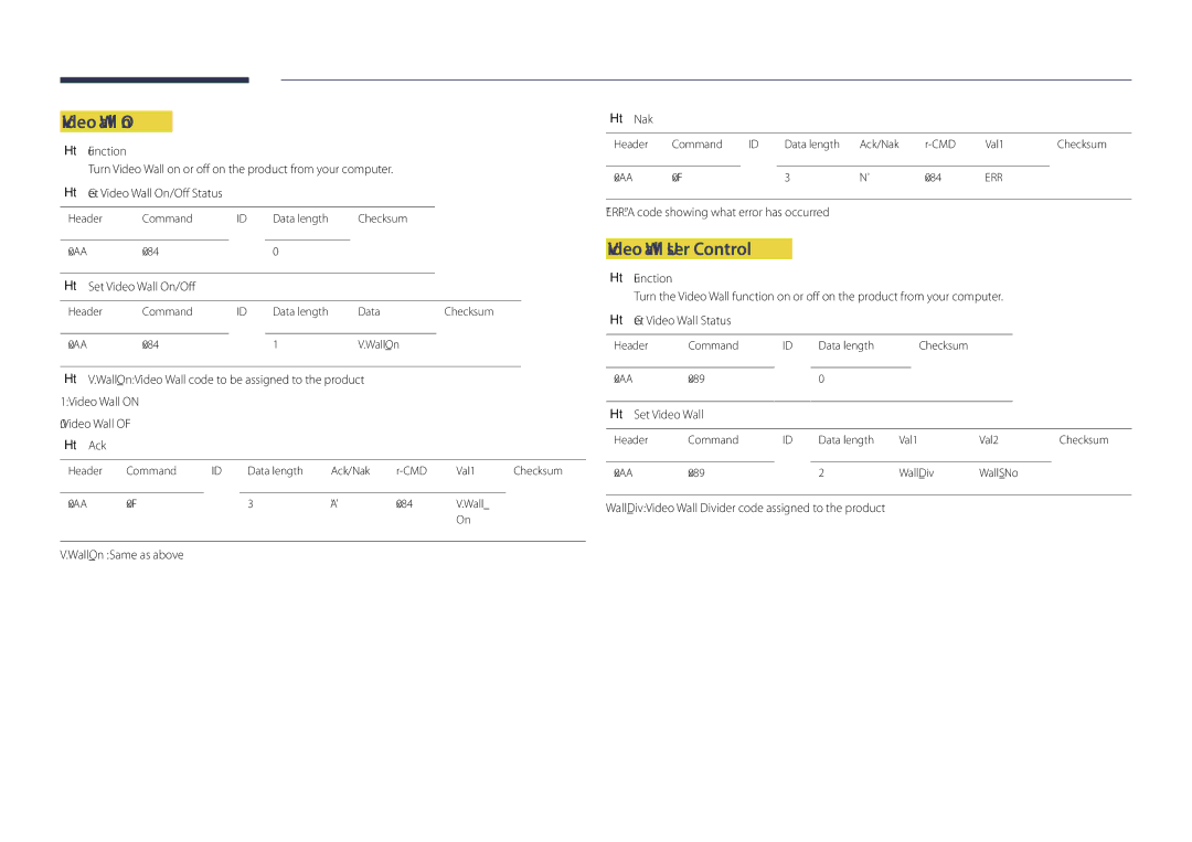 Samsung DM40D Set Video Wall On/Off, WallOn Same as above Nak, WallDiv Video Wall Divider code assigned to the product 
