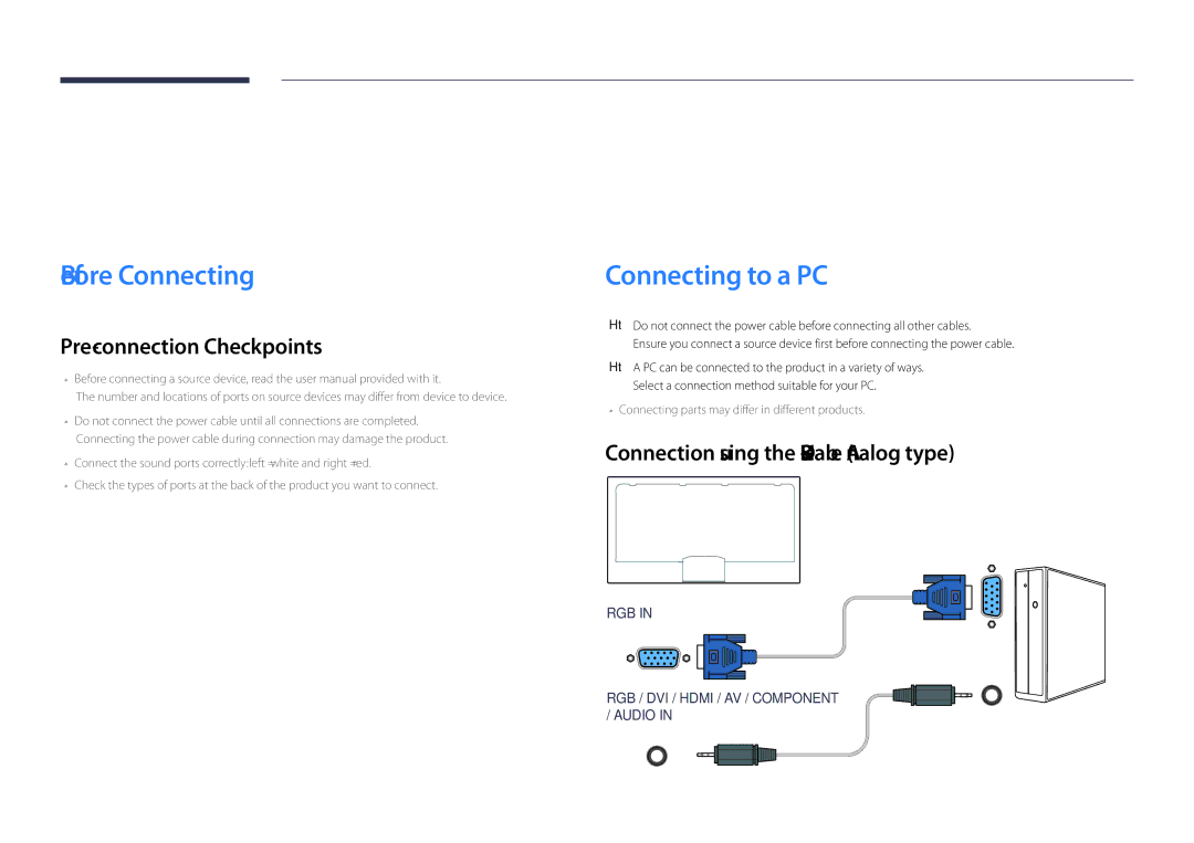 Samsung DM55D Connecting and Using a Source Device, Before Connecting, Connecting to a PC, Pre-connection Checkpoints 