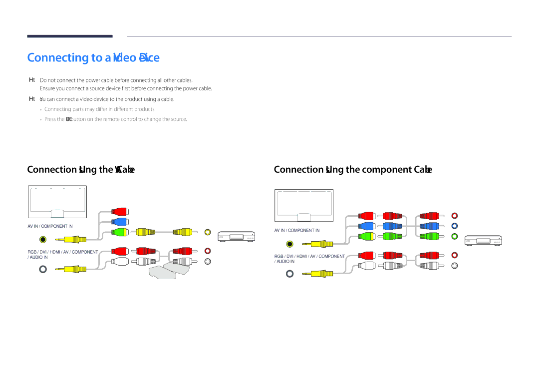 Samsung DM48D, DM55D Connecting to a Video Device, Connection Using the AV Cable, Connection Using the component Cable 