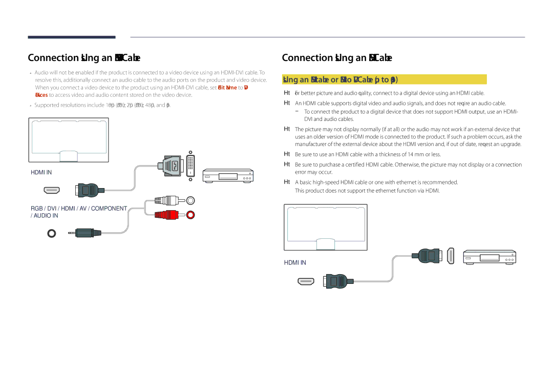 Samsung DM55D, DM48D, DM40D, DM32D Connection Using an HDMI-DVI Cable, Using an Hdmi cable or Hdmi to DVI Cable up to 1080p 