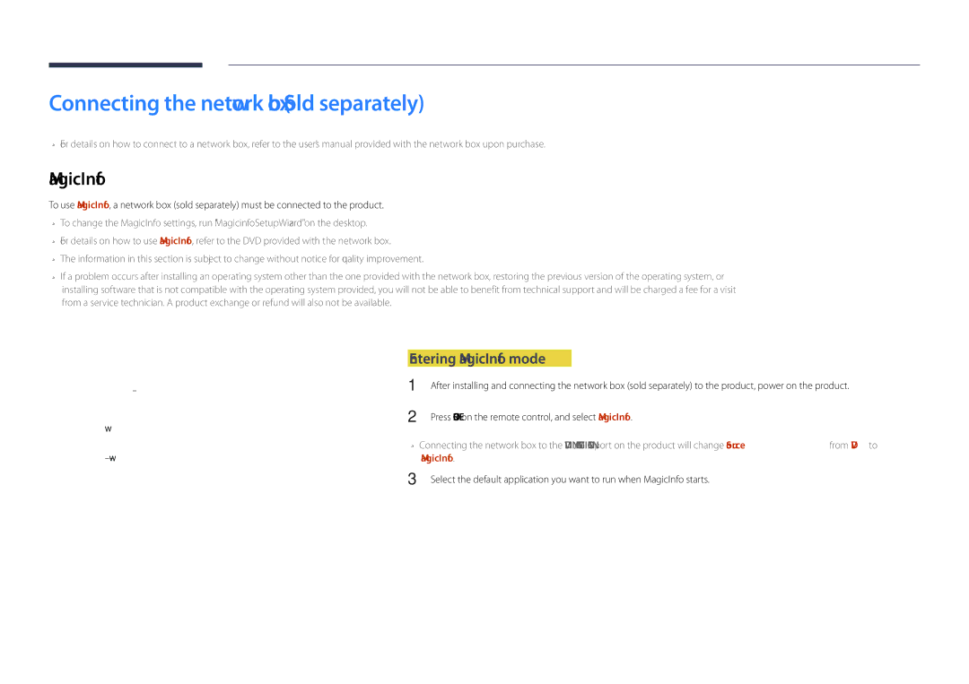 Samsung DM48D, DM55D, DM40D, DM32D user manual Connecting the network box Sold separately, Entering MagicInfo mode 