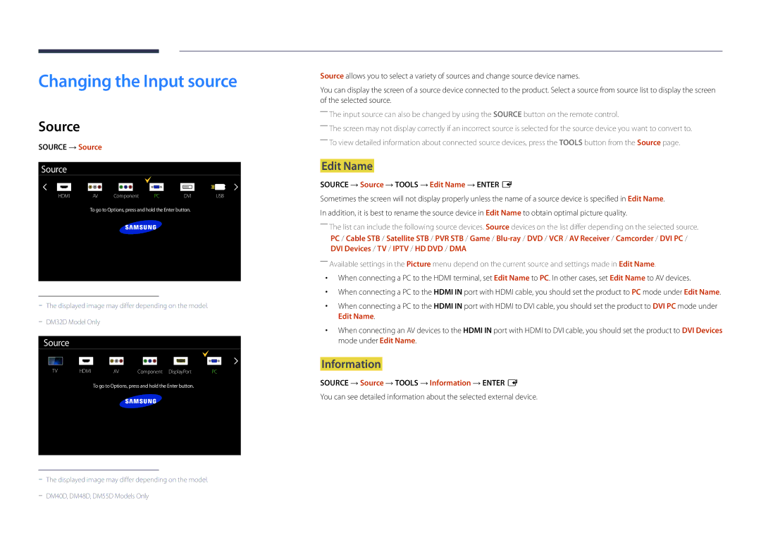 Samsung DM40D, DM48D, DM55D, DM32D user manual Changing the Input source, Source, Edit Name, Information 