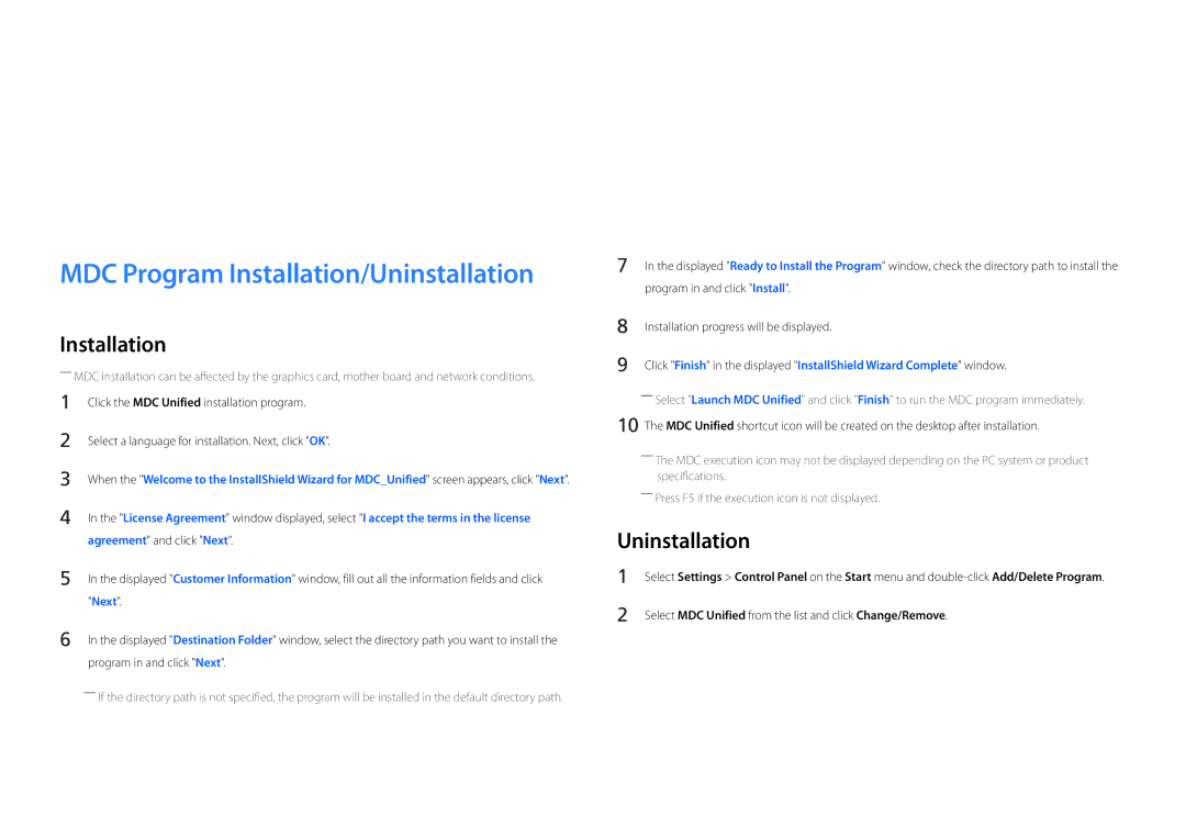 Samsung DM32D, DM48D, DM55D, DM40D user manual Using MDC, Uninstallation 