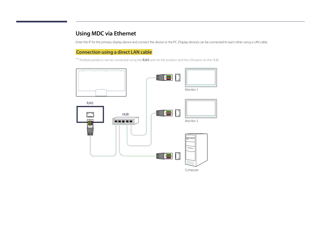 Samsung DM55D, DM48D, DM40D, DM32D user manual Using MDC via Ethernet, Connection using a direct LAN cable 