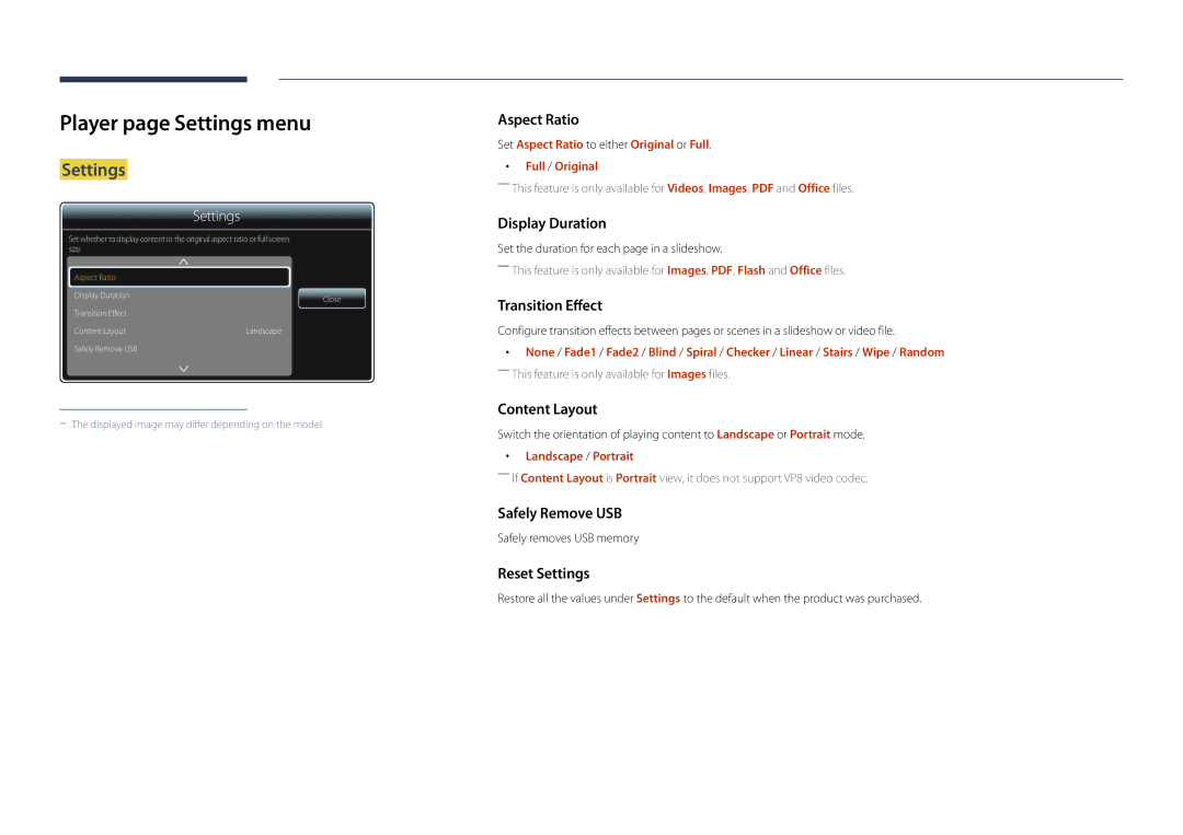 Samsung DM48D, DM55D, DM40D, DM32D user manual Player page Settings menu 