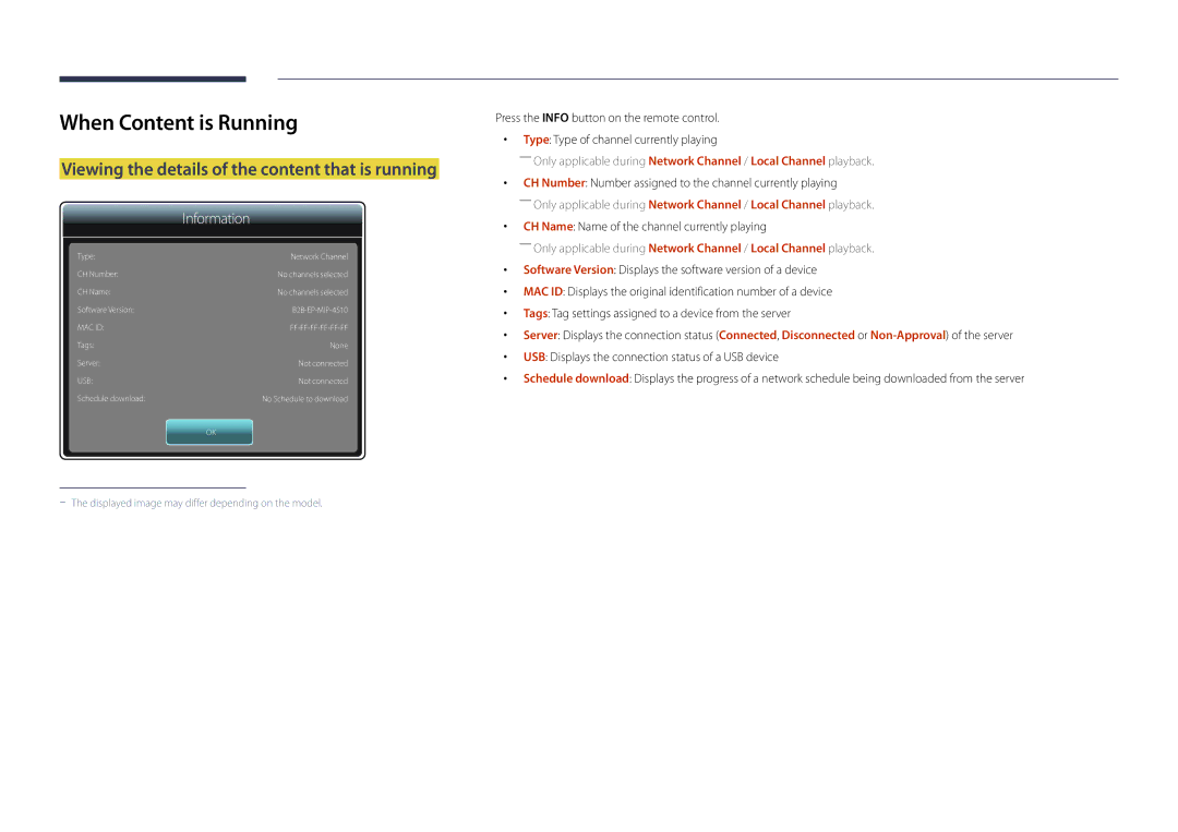 Samsung DM55D, DM48D, DM40D, DM32D user manual When Content is Running, Viewing the details of the content that is running 