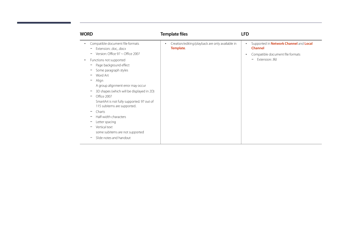 Samsung DM32D, DM48D, DM55D, DM40D user manual Template files, Creation/editing/playback are only available 