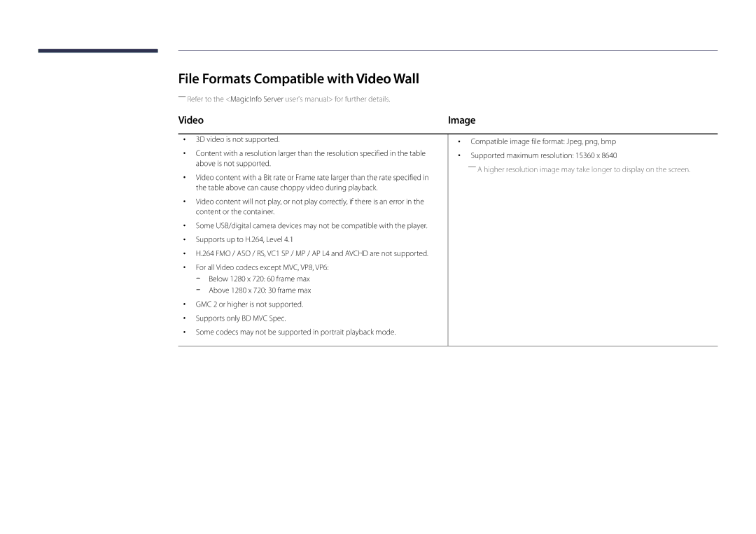 Samsung DM48D, DM55D, DM40D, DM32D user manual File Formats Compatible with Video Wall 