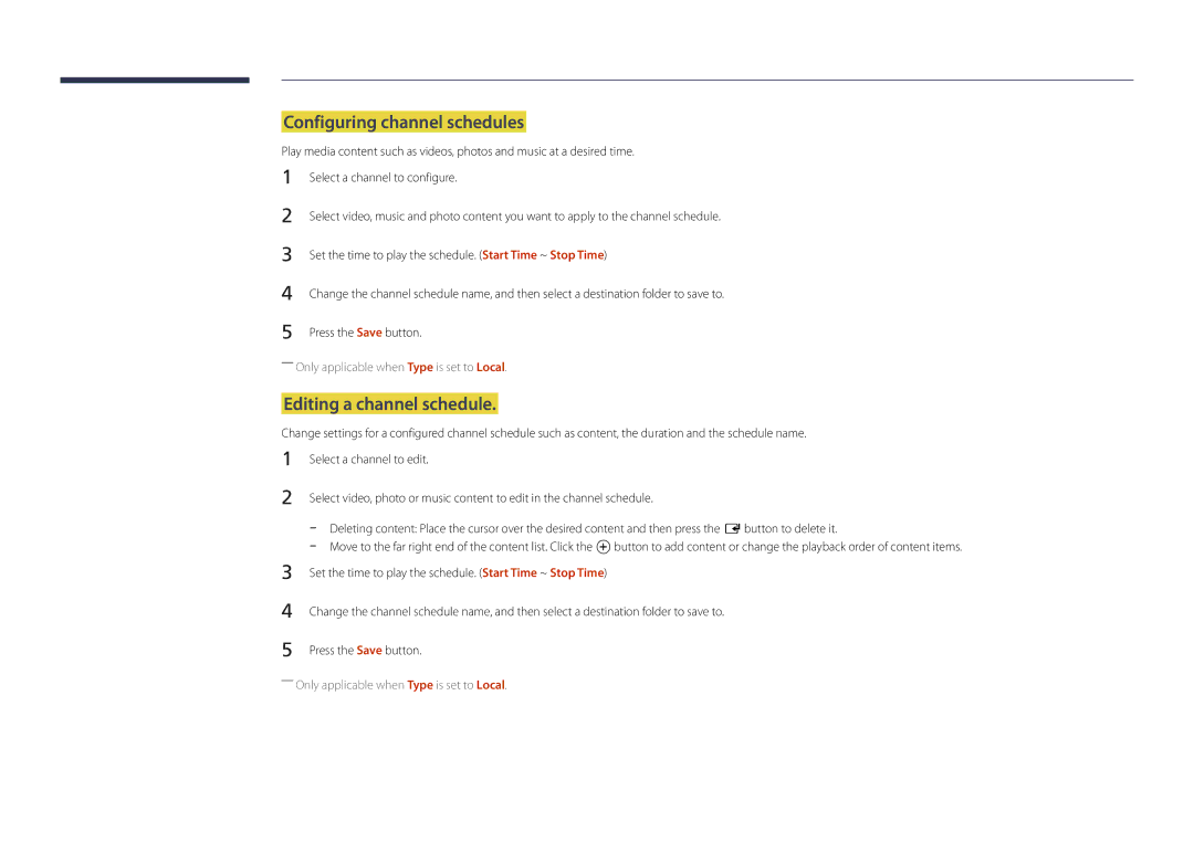 Samsung DM32D, DM48D, DM55D, DM40D user manual Configuring channel schedules, Editing a channel schedule 