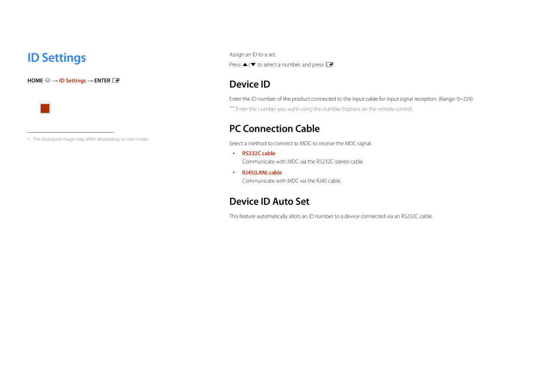 Samsung DM48D, DM55D, DM40D, DM32D user manual ID Settings, PC Connection Cable, Device ID Auto Set 