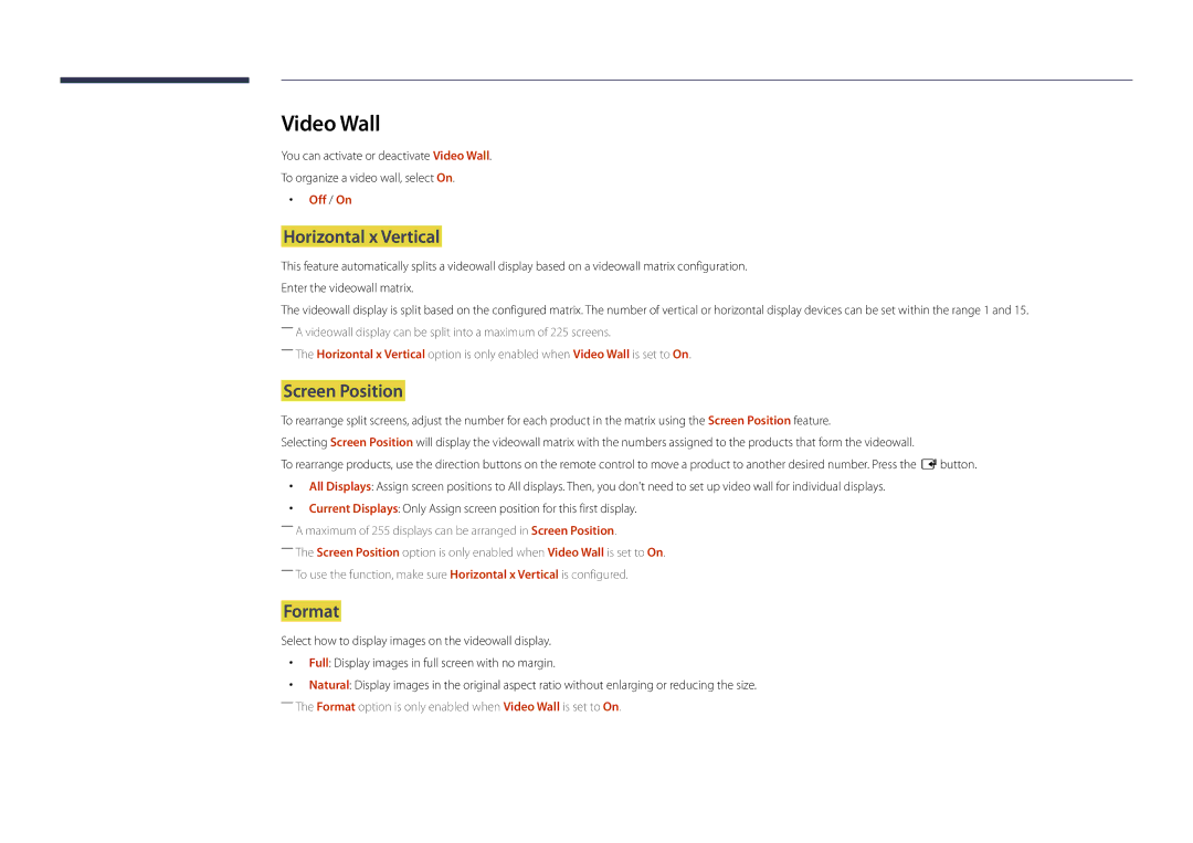 Samsung DM40D, DM48D, DM55D, DM32D user manual Video Wall, Horizontal x Vertical, Screen Position, Format, Off / On 