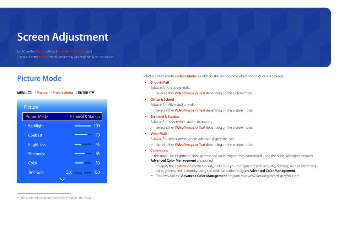 Samsung DM55D, DM48D, DM40D, DM32D user manual Screen Adjustment, Menu m → Picture → Picture Mode → Enter E 