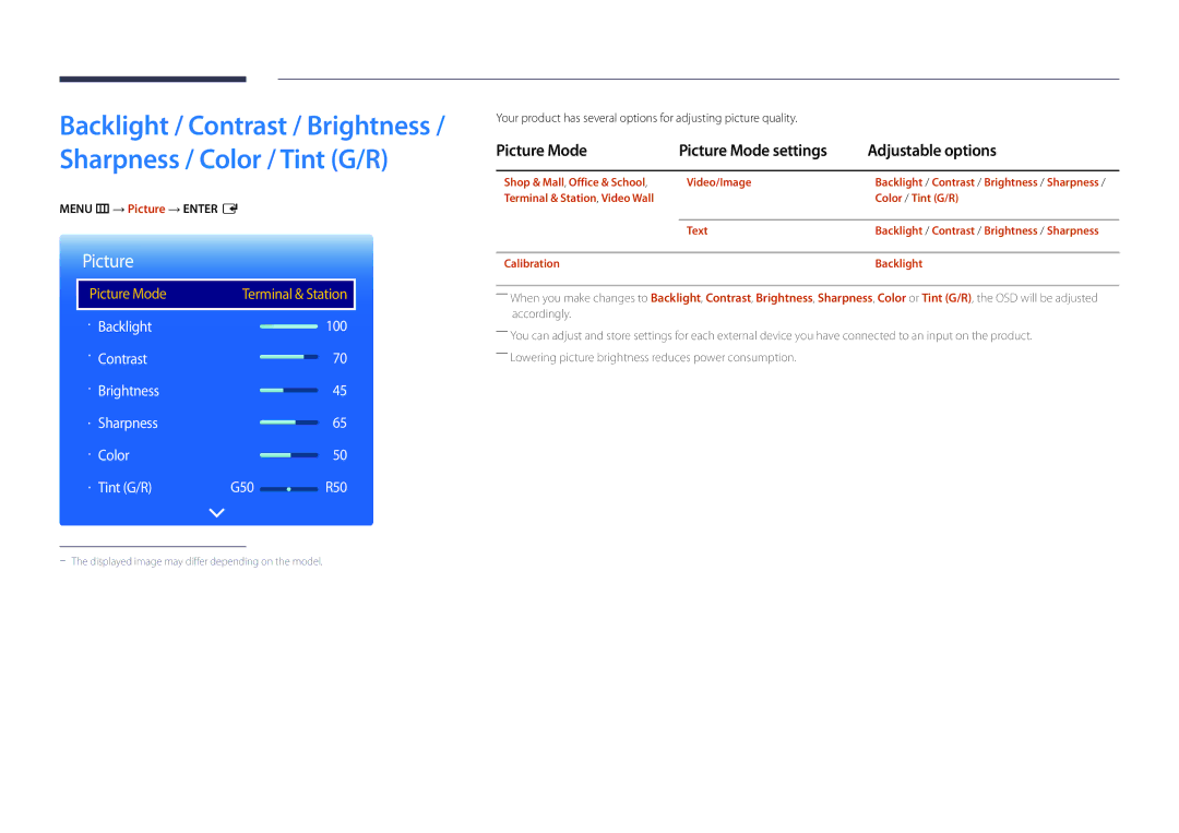 Samsung DM40D, DM48D, DM55D, DM32D Picture Mode Picture Mode settings Adjustable options, Menu m → Picture → Enter E 