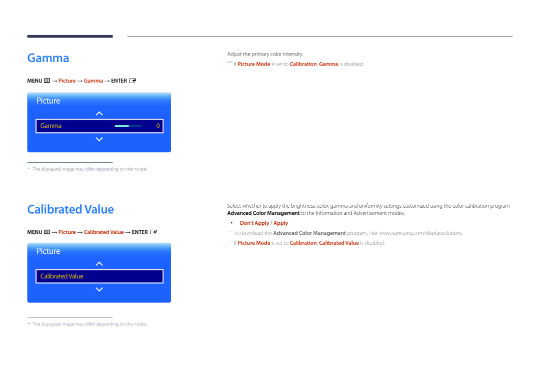 Samsung DM55D, DM48D, DM40D, DM32D user manual Gamma, Menu m → Picture → Calibrated Value → Enter E, Dont Apply / Apply 