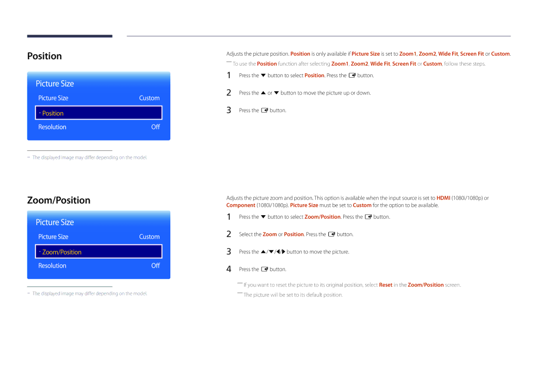 Samsung DM48D, DM55D, DM40D, DM32D user manual Zoom/Position, Picture Size 