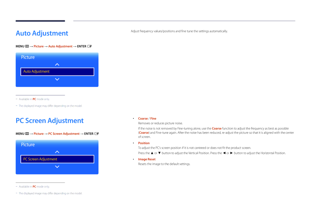 Samsung DM40D, DM48D, DM55D, DM32D user manual Auto Adjustment, PC Screen Adjustment 