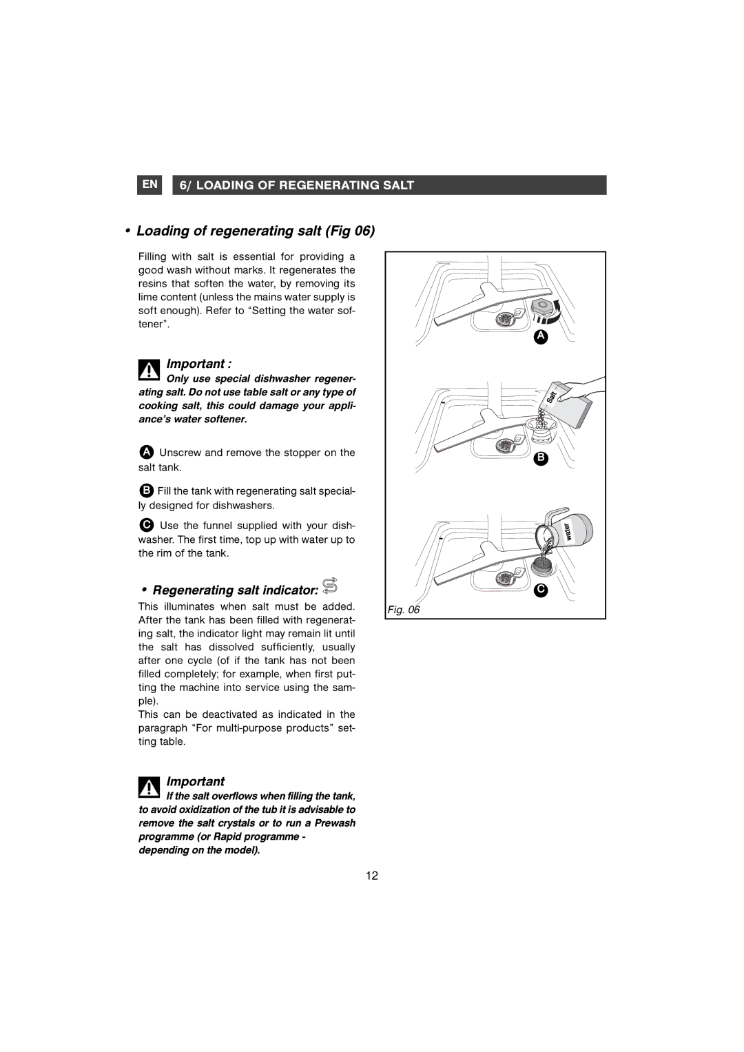 Samsung DMB28AFS/AND manual Loading of regenerating salt Fig, Regenerating salt indicator 