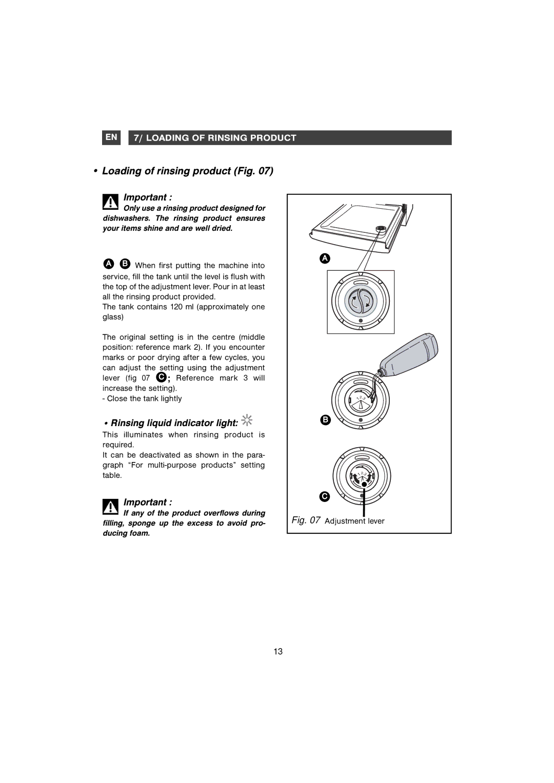 Samsung DMB28AFS/AND manual Rinsing liquid indicator light, Adjustment lever 