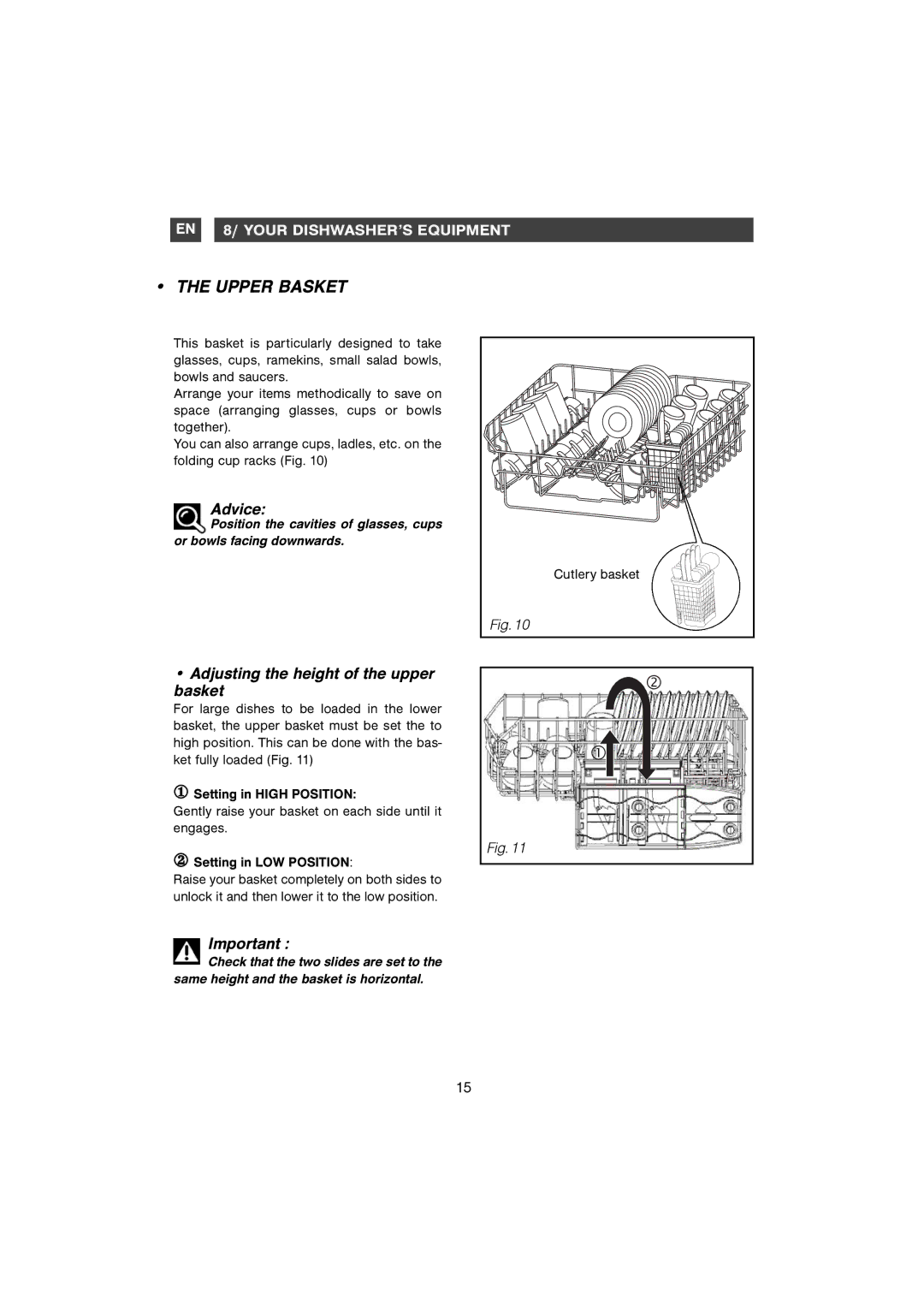 Samsung DMB28AFS/AND manual Upper Basket, Adjusting the height of the upper basket 