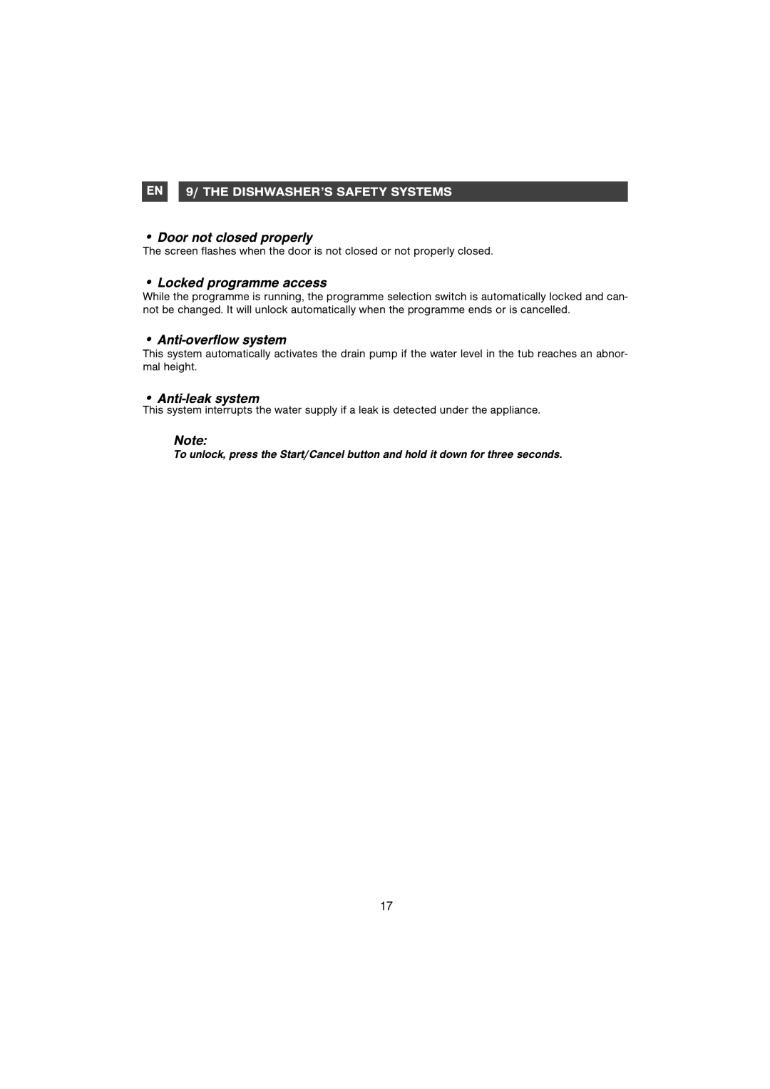 Samsung DMB28AFS/AND manual Door not closed properly, Locked programme access, Anti-overflow system, Anti-leak system 