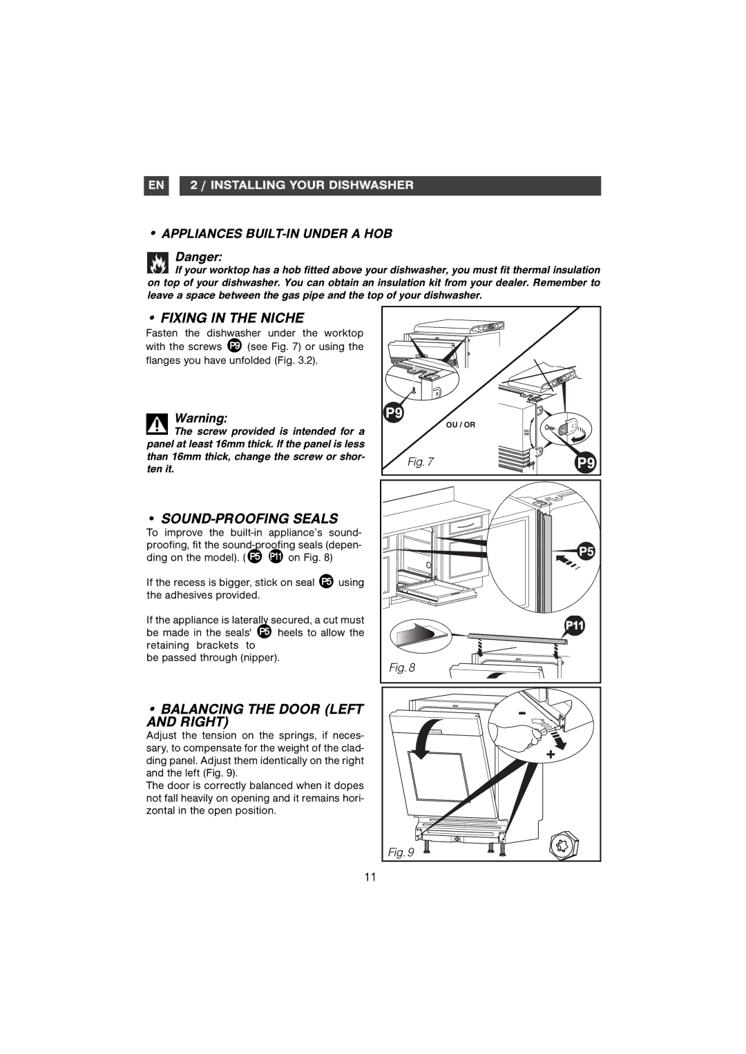 Samsung DM-B58AHC/XET, DMB58AHC/AND manual Fixing in the Niche, SOUND-PROOFING Seals, Balancing the Door Left and Right 