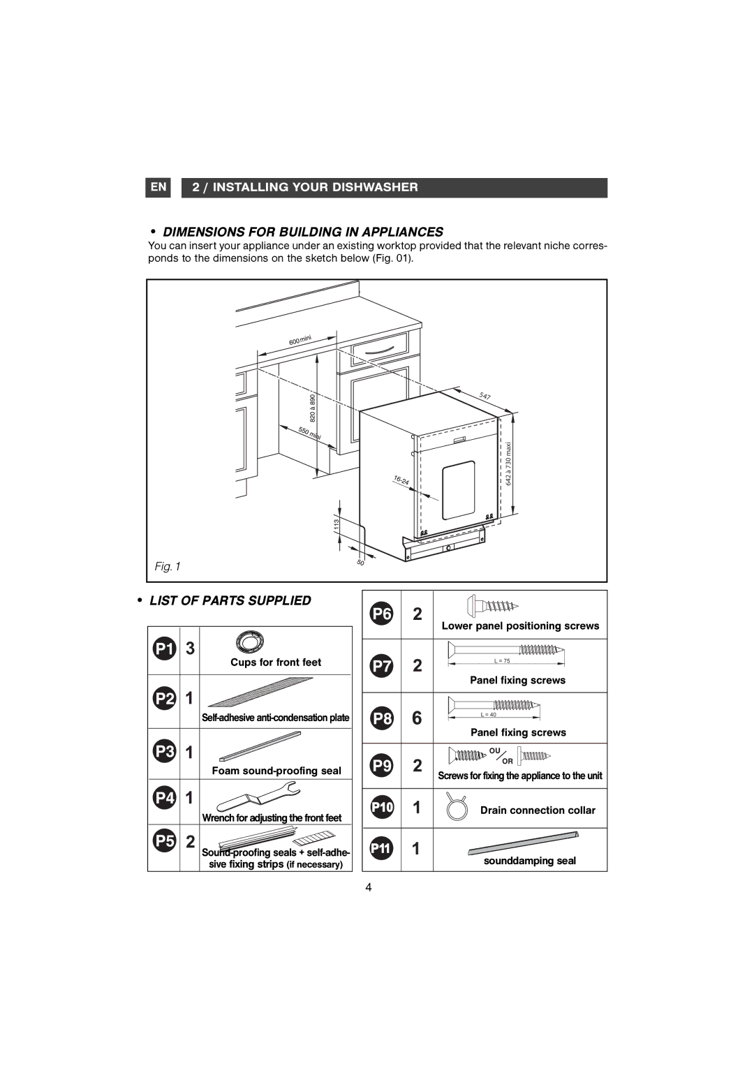 Samsung DMB58AHC/AND, DM-B58AHC/XET manual Dimensions for Building in Appliances, List of Parts Supplied 