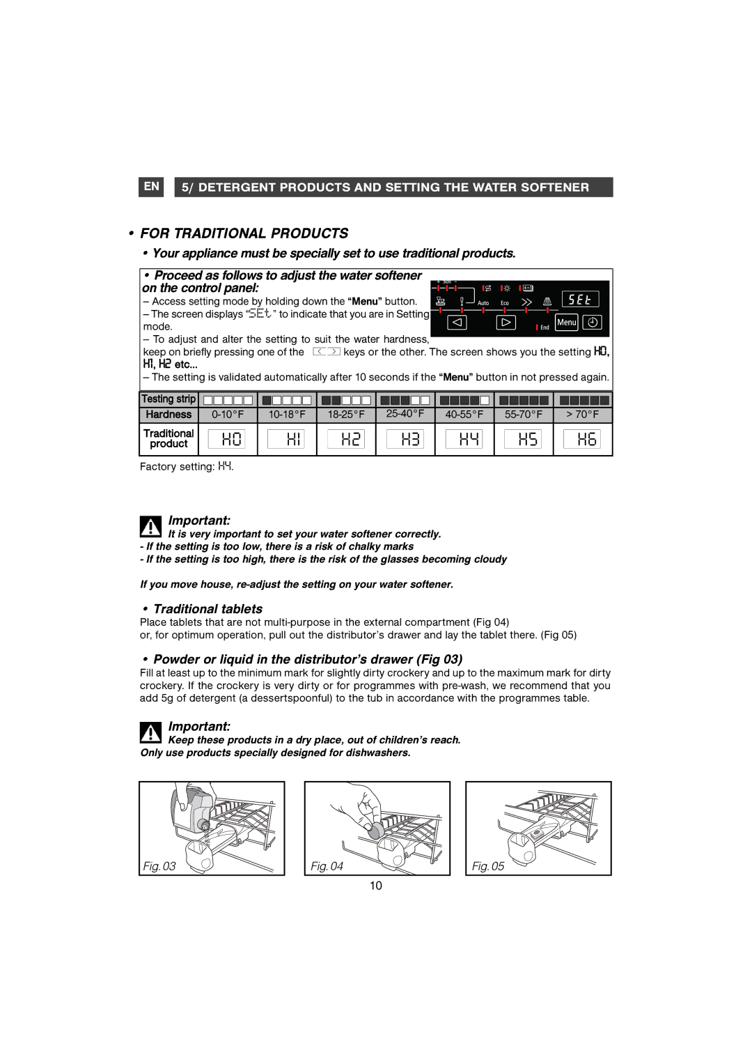 Samsung DMB58AHC/AND manual For Traditional Products, Traditional tablets, Powder or liquid in the distributor’s drawer Fig 