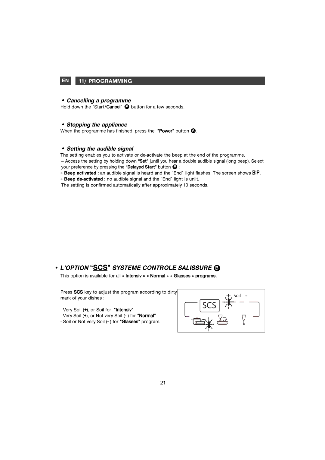 Samsung DM-B58AHC/XET manual ’OPTION SCS Systeme Controle Salissure B, Cancelling a programme, Stopping the appliance 