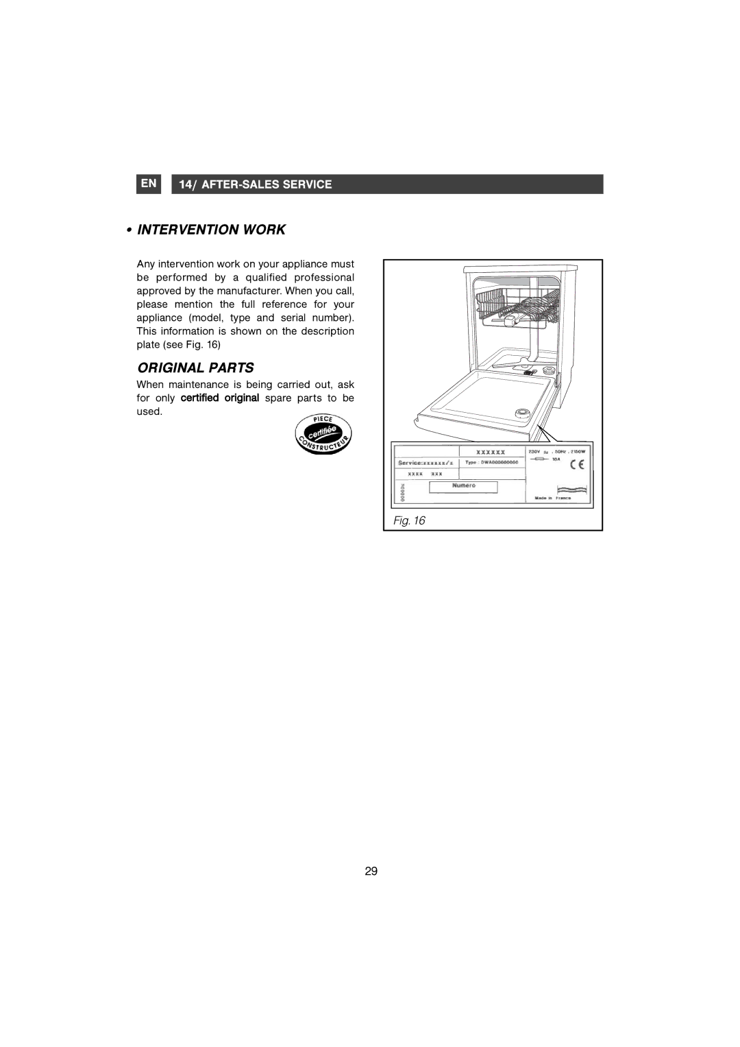 Samsung DM-B58AHC/XET, DMB58AHC/AND manual Intervention Work, Original Parts 