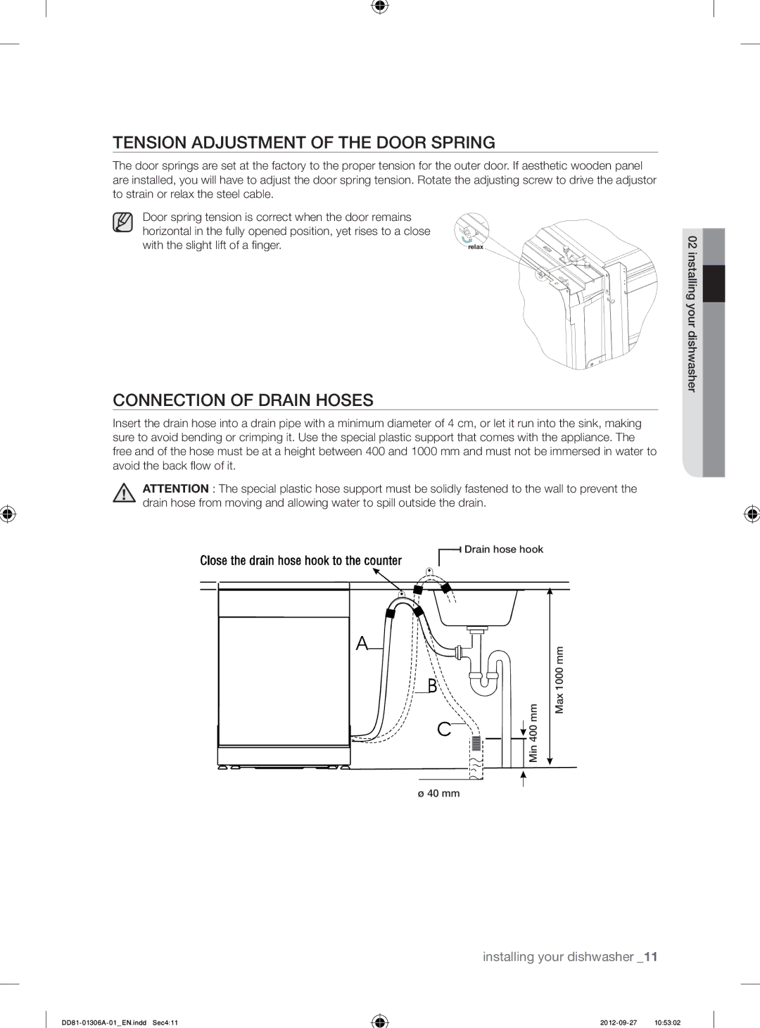 Samsung DMM770B/XEO manual Tension Adjustment of the Door Spring, Connection of Drain Hoses 