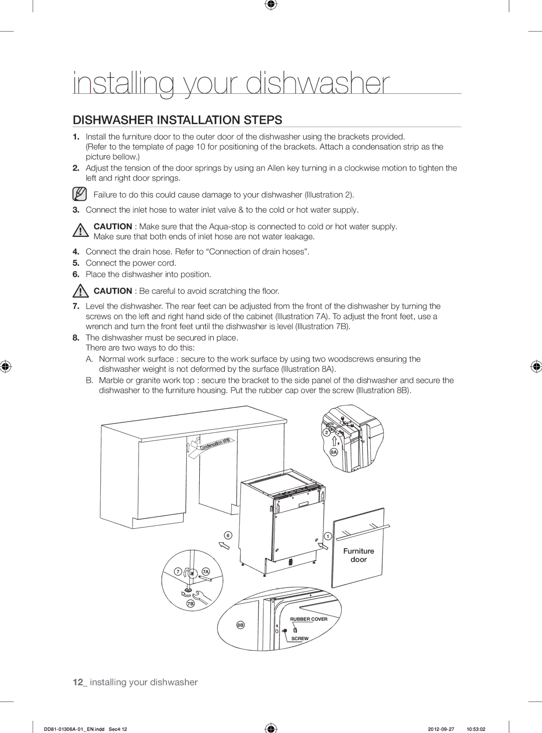 Samsung DMM770B/XEO manual Dishwasher Installation Steps 