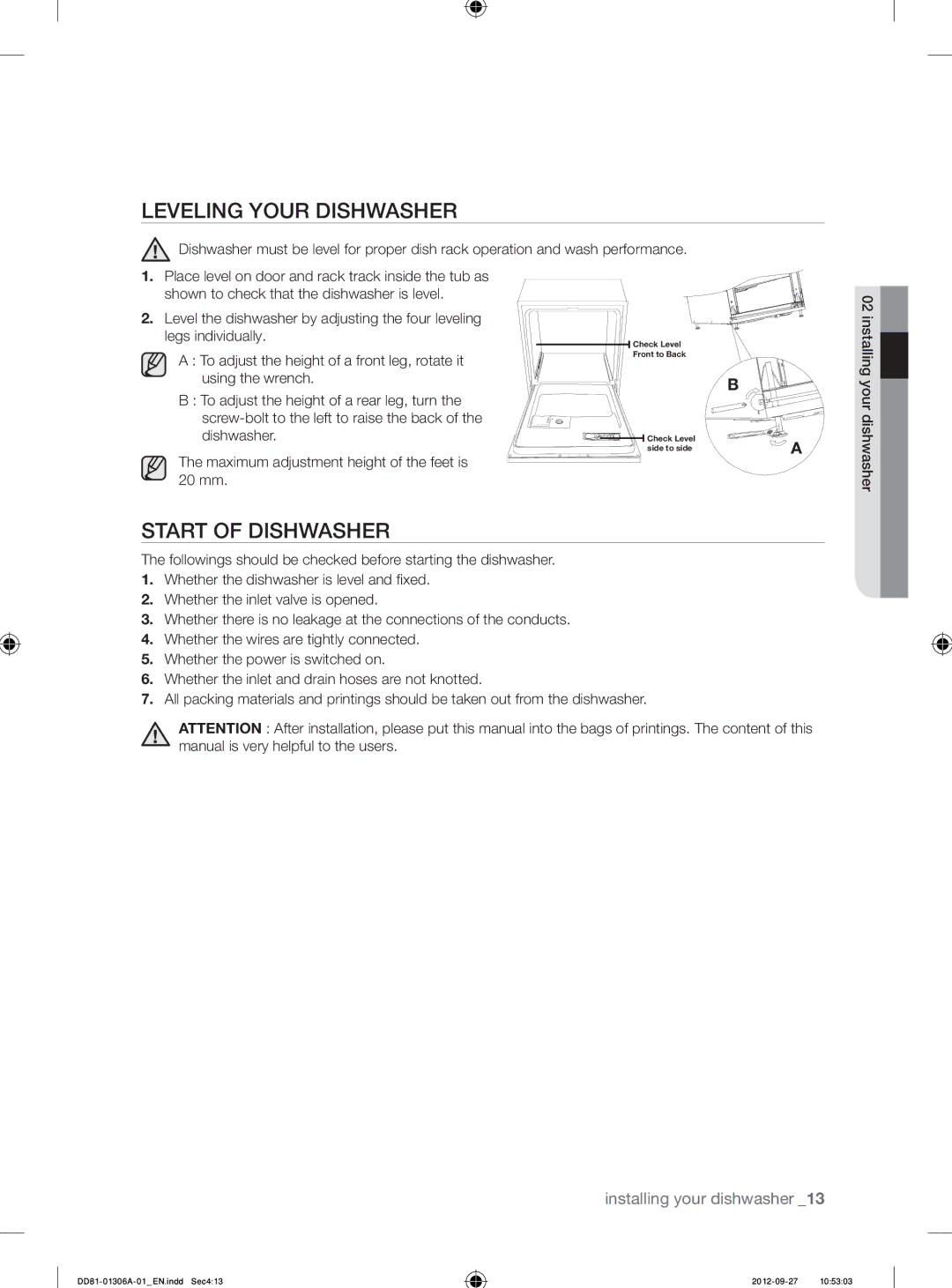 Samsung DMM770B/XEO manual Leveling Your Dishwasher, Start of Dishwasher, To adjust the height of a front leg, rotate it 