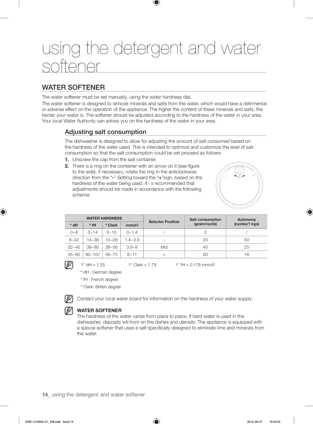 Samsung DMM770B/XEO manual Using the detergent and water softener, Water Softener, Adjusting salt consumption 