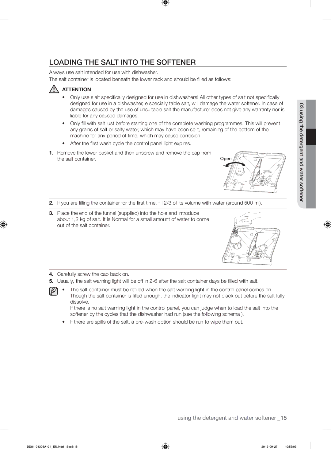 Samsung DMM770B/XEO manual Loading the Salt Into the Softener, Salt container 