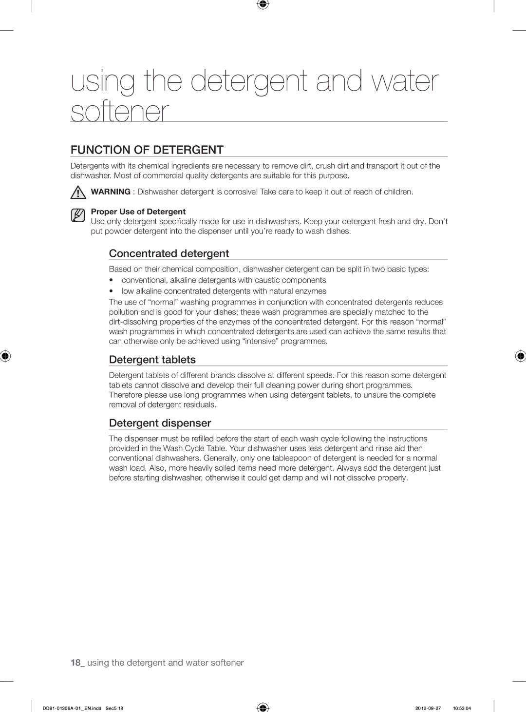 Samsung DMM770B/XEO manual Function of Detergent, Concentrated detergent, Detergent tablets, Detergent dispenser 