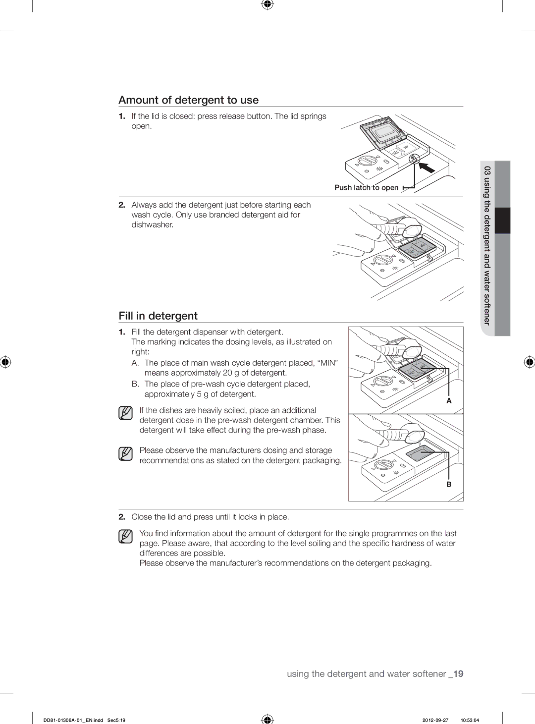 Samsung DMM770B/XEO manual Amount of detergent to use, Fill in detergent 