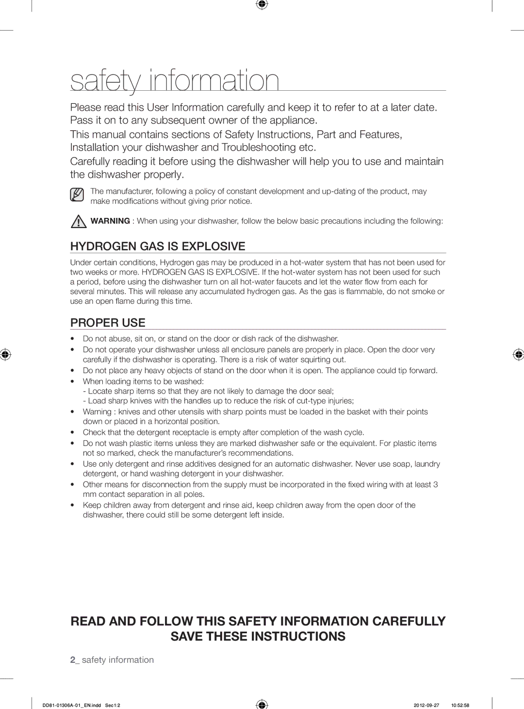 Samsung DMM770B/XEO manual Safety information, Hydrogen GAS is Explosive, Proper USE 