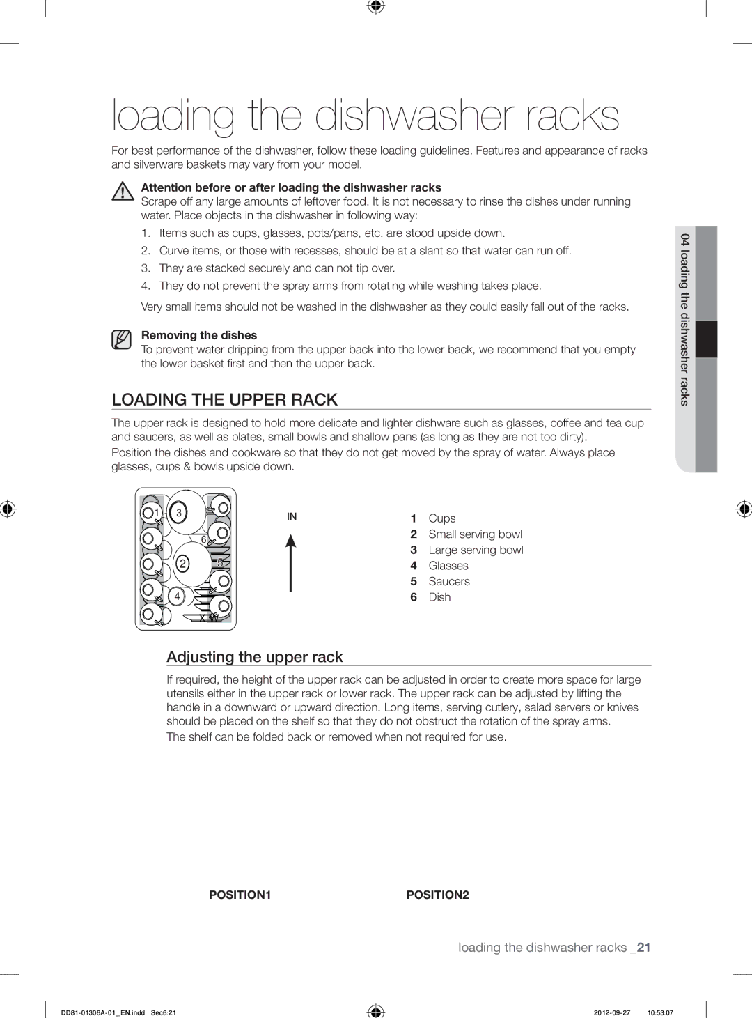 Samsung DMM770B/XEO Loading the dishwasher racks, Loading the Upper Rack, Adjusting the upper rack, Removing the dishes 