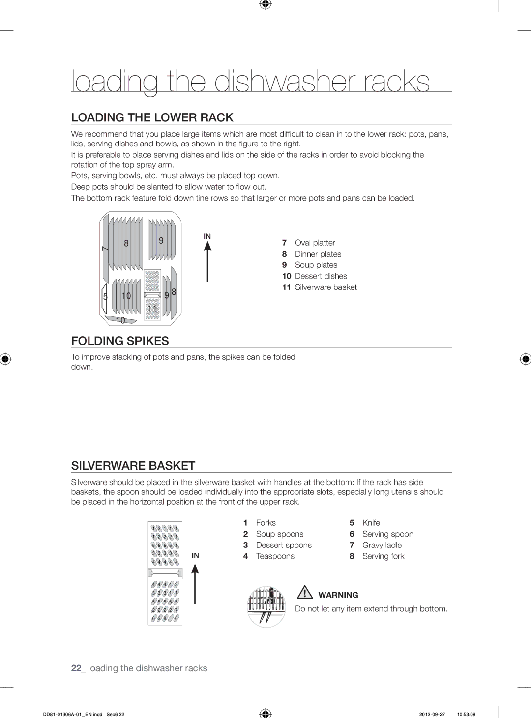 Samsung DMM770B/XEO manual Loading the Lower Rack, Folding Spikes, Silverware Basket, Forks Knife Soup spoons 