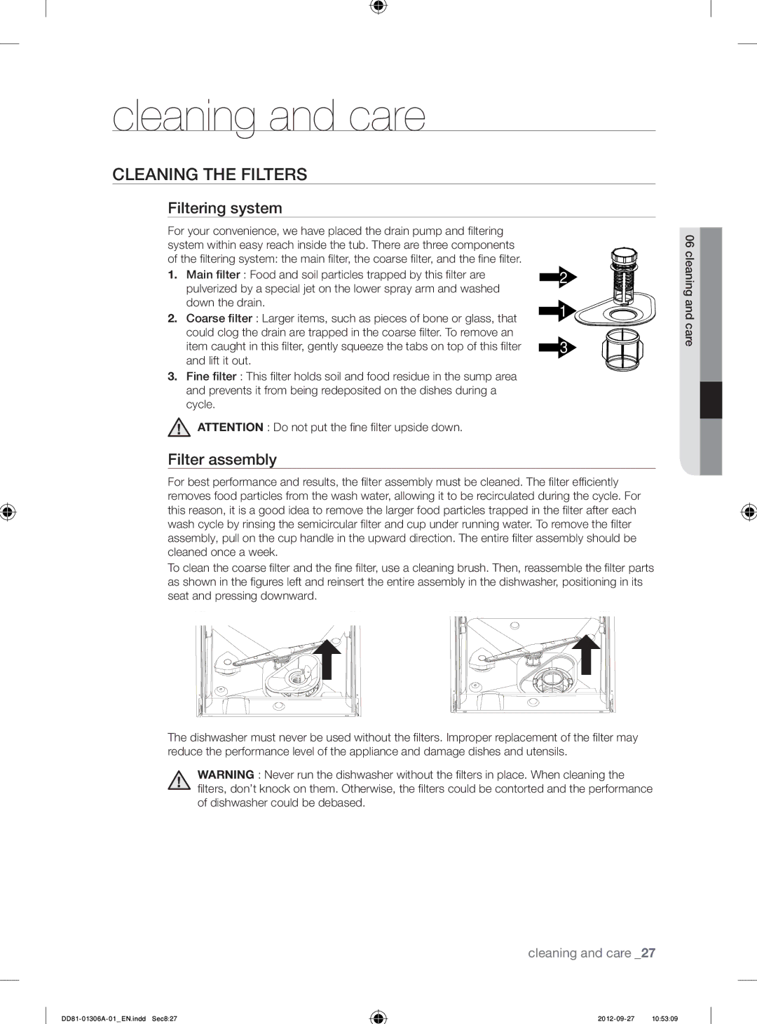 Samsung DMM770B/XEO manual Cleaning and care, Cleaning the Filters, Filtering system, Filter assembly 