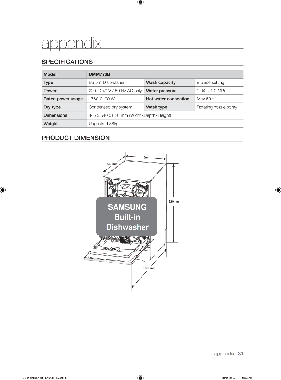 Samsung DMM770B/XEO manual Appendix, Specifications, Product Dimension, Model 