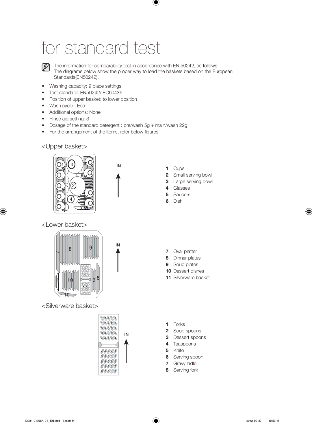 Samsung DMM770B/XEO manual For standard test, Upper basket, Lower basket Silverware basket 