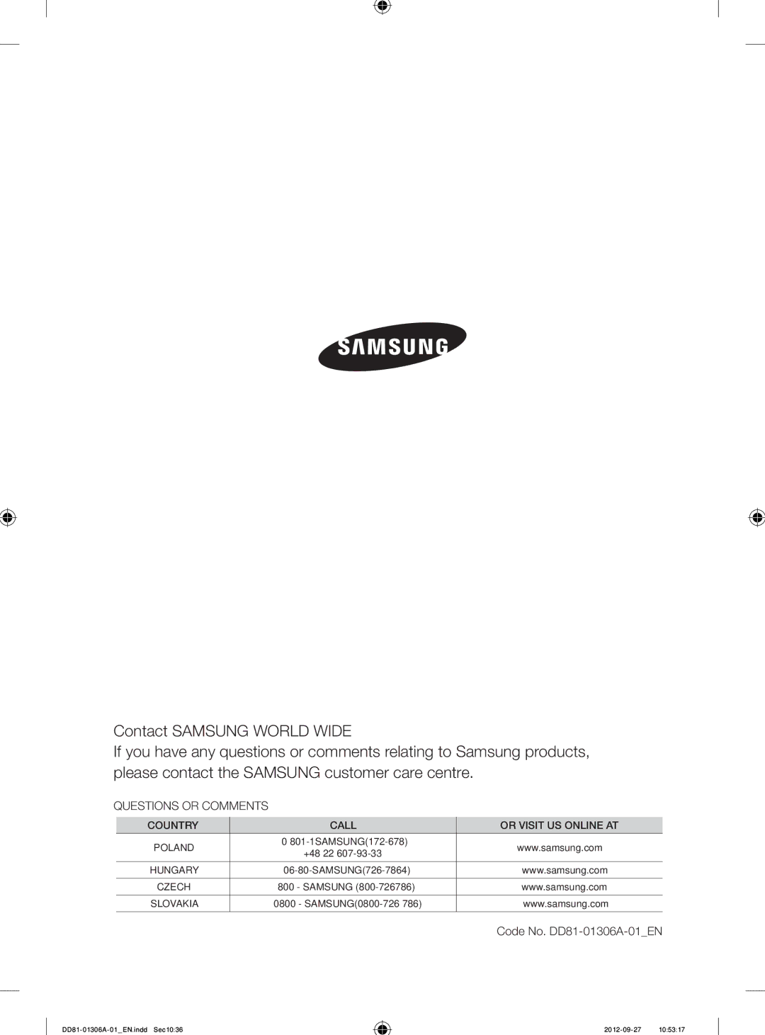 Samsung DMM770B/XEO manual Questions or Comments, Code No. DD81-01306A-01EN 